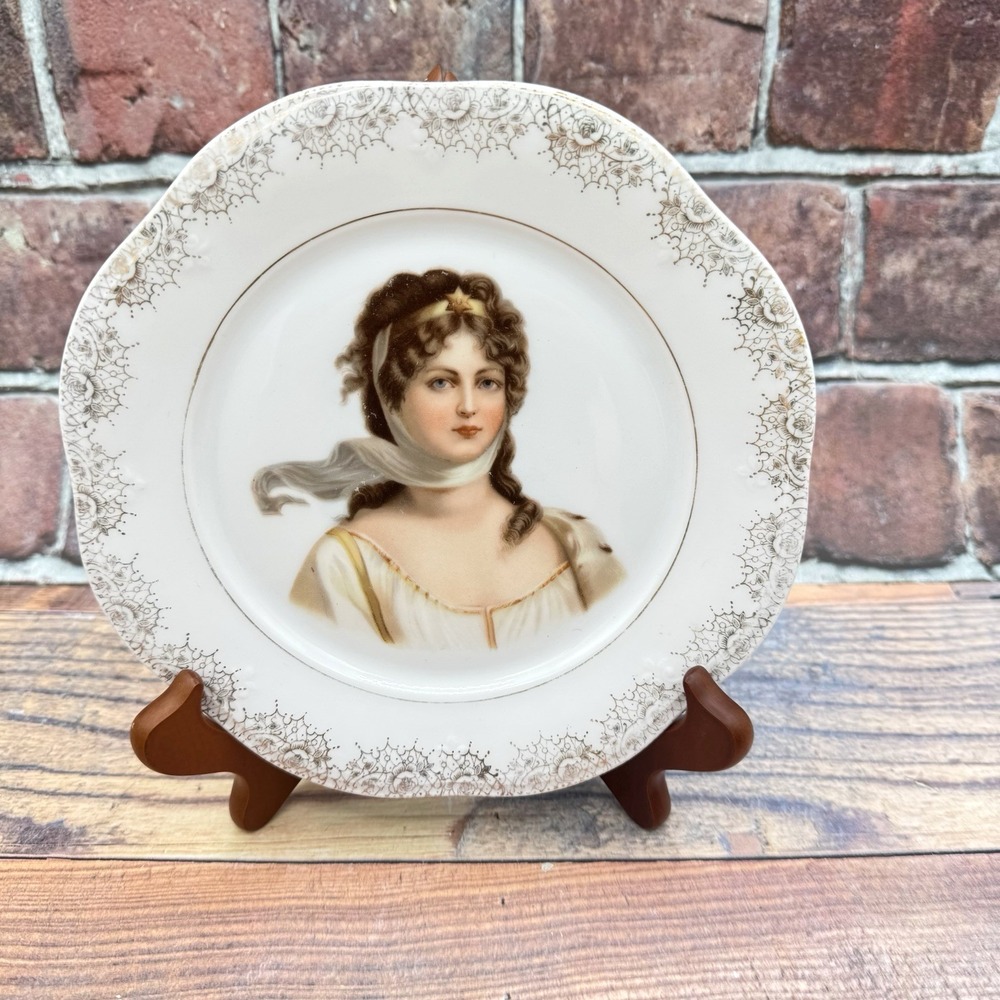 Antique ZS&Co Bavaria Portrait Plate Queen Louise of Prussia Mignon Gold Roses